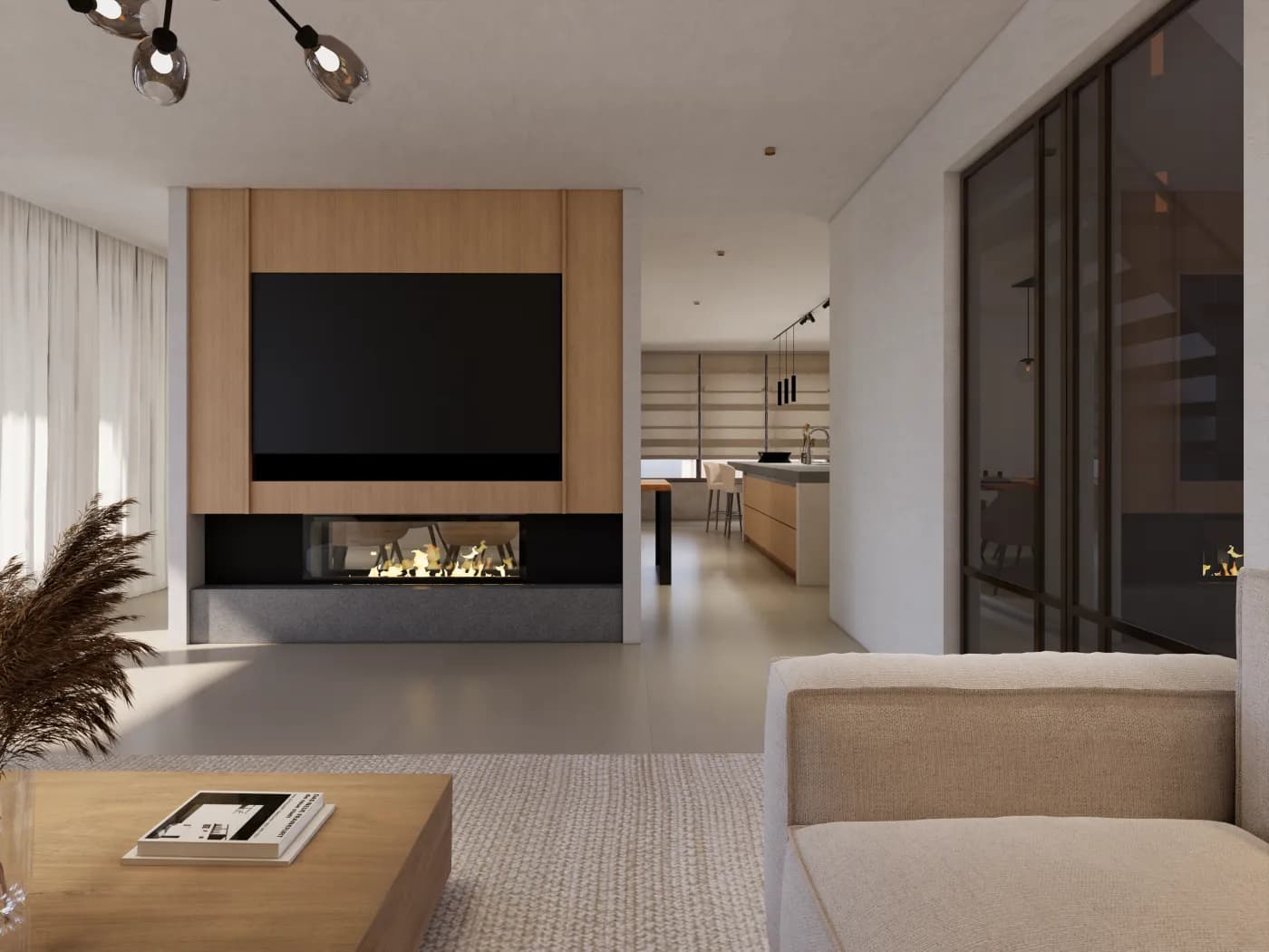3D-visualisatie van een woonkamerinterieur door Molen Architects