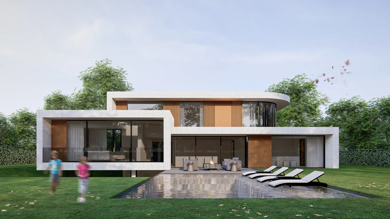 Achterzijde van de villa met cantilever-volume